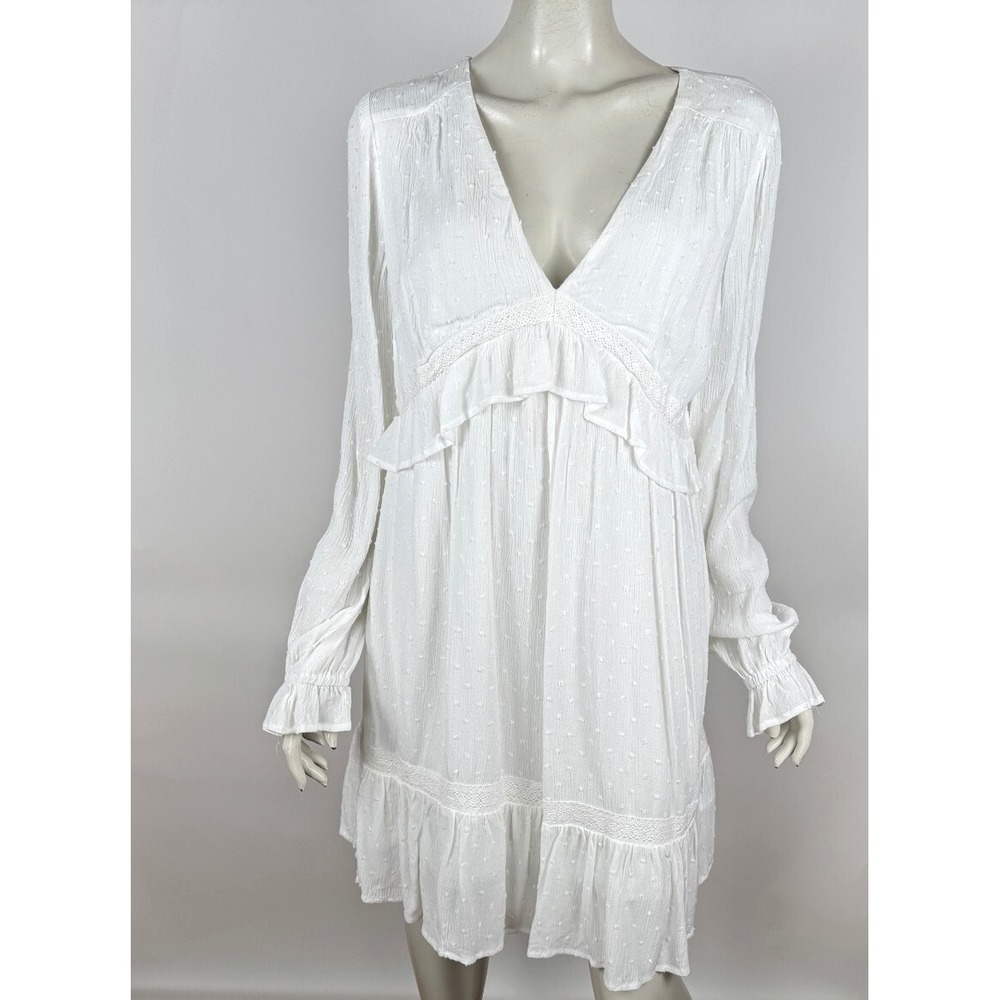 PAIGE Odelise Dress Women L NWT Flocked Dots Lace Ruffle Trim V-neck Long Sleeve